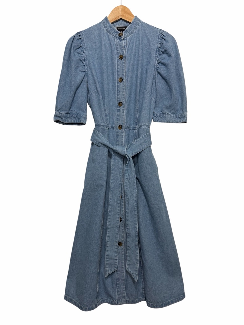 Who What Wear Women S Blue Denim Button Front Puff Sleeve Midi Dress Tie Waist